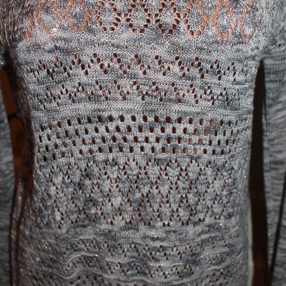 NEW! BUFFALO by David Bitton Gray White Silver Sparkle Pointelle Knit Sweater - Picture 3 of 8